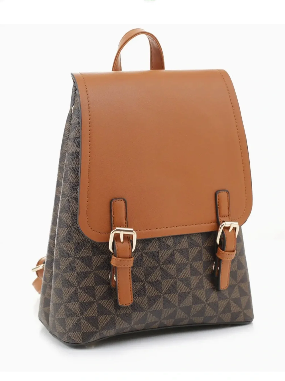 ATRIE vegan leather geometric fashion backpack, brown & Cognac, Front Flap NWT